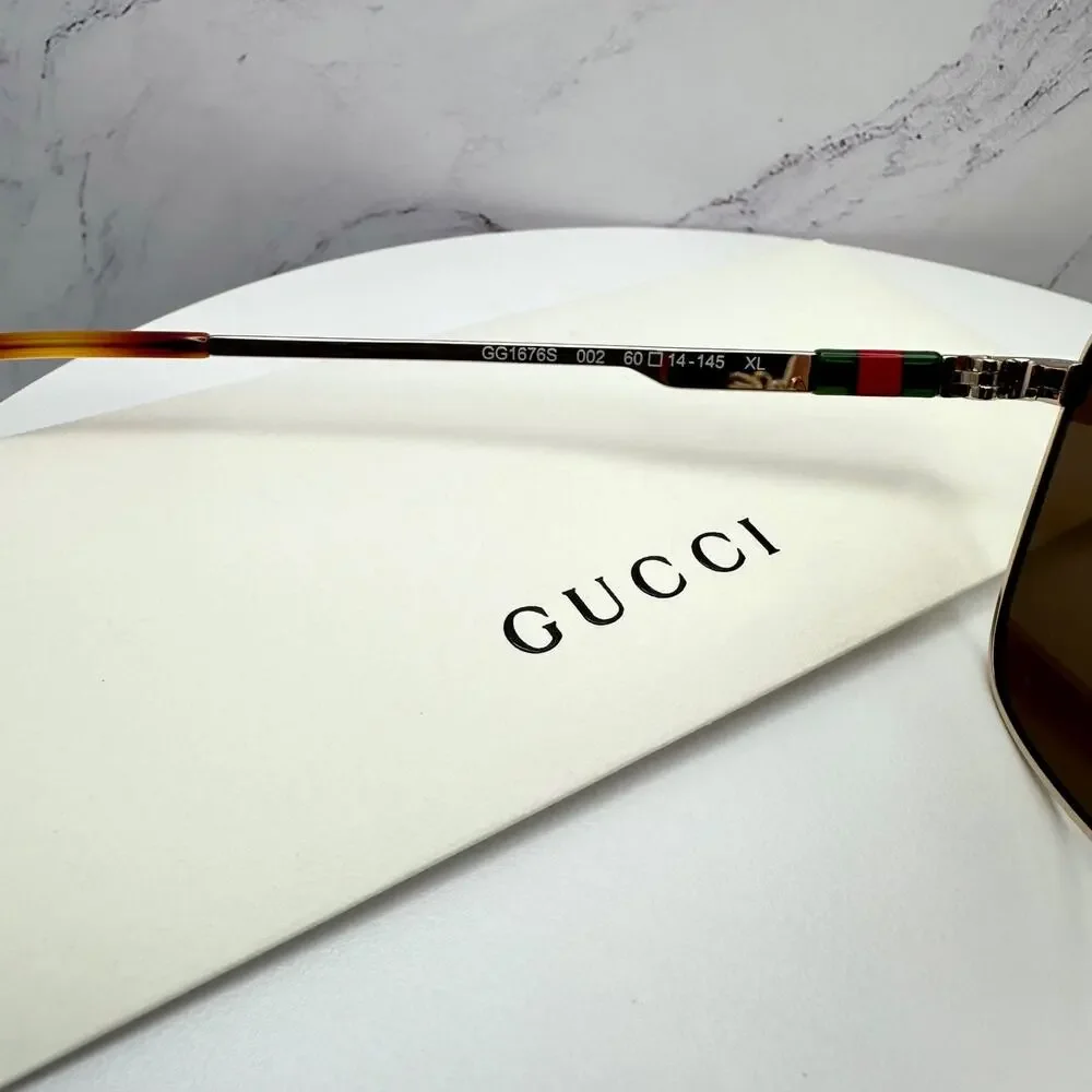 New GUCCI Sunglasses Gold Metal Square Aviator Pilot Red Green Web Logo Mens - Picture 15 of 16